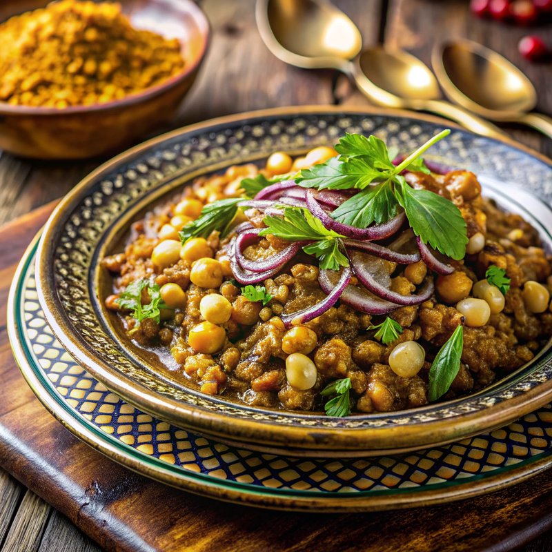 خوراک لوبیا و نخود ملایم با پیاز کاراملیزه