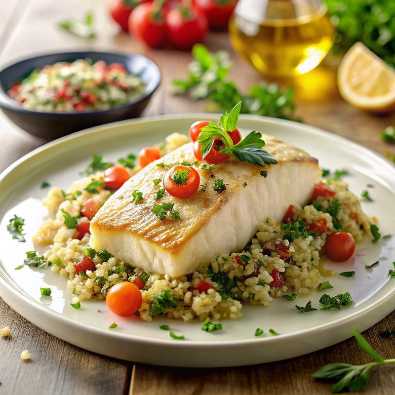 Mediterranean Halibut with Quinoa Tabouli and Lemon Butter Wine Sauce